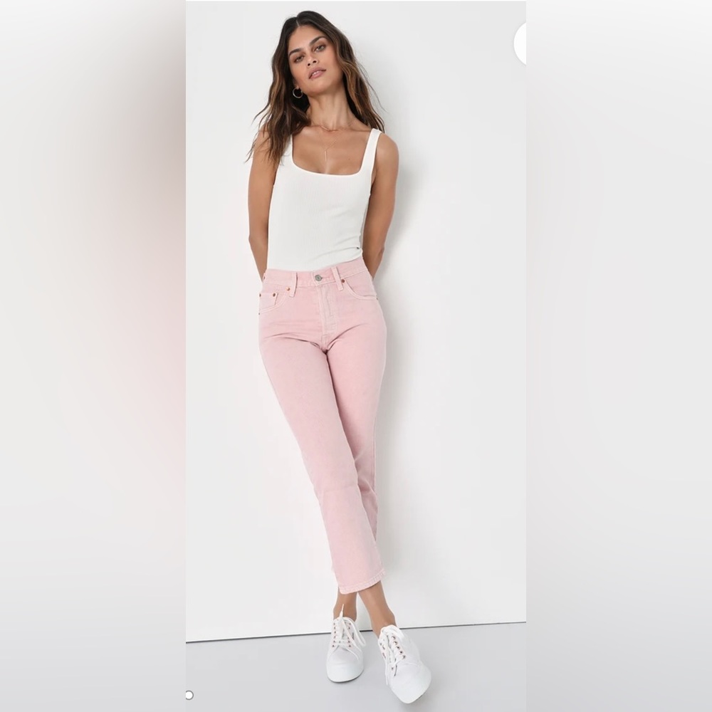 501 Crop Light Pink Denim High Rise Straight Leg Jeans